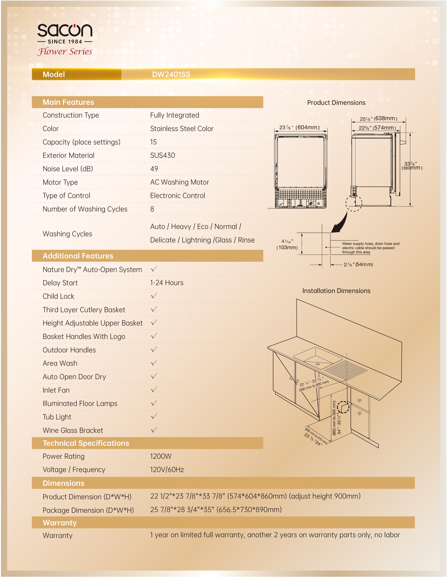 24” Flower Series Fully Integrated Dishwasher with NatureDry™ Auto-Open System